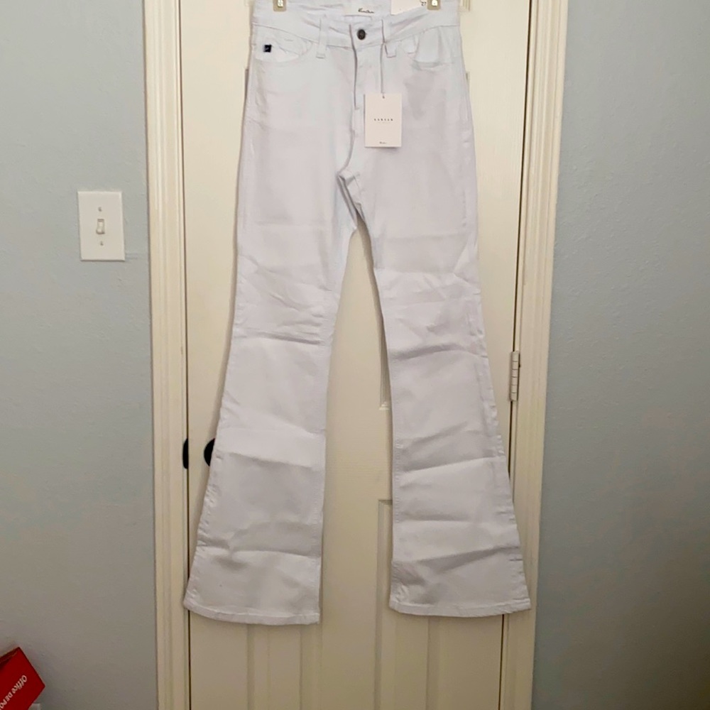 White flare leg, high rise denim jeans